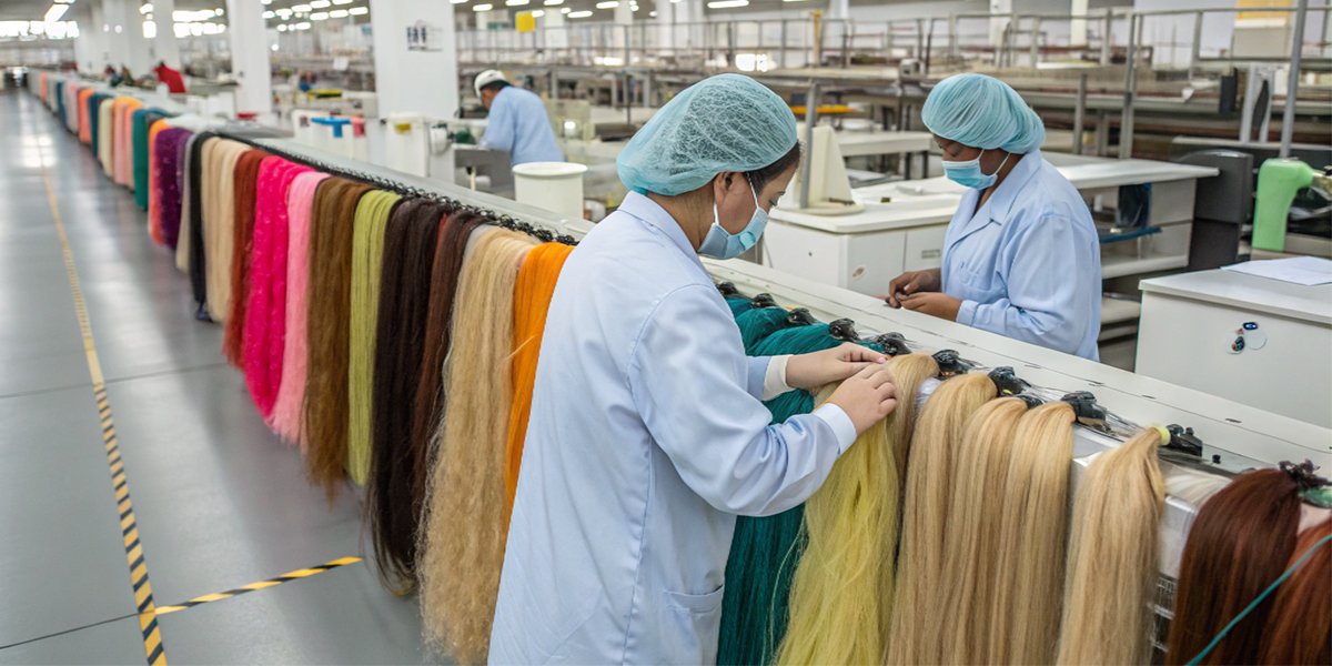 ![A professional hair extensions manufacturing facility.]
