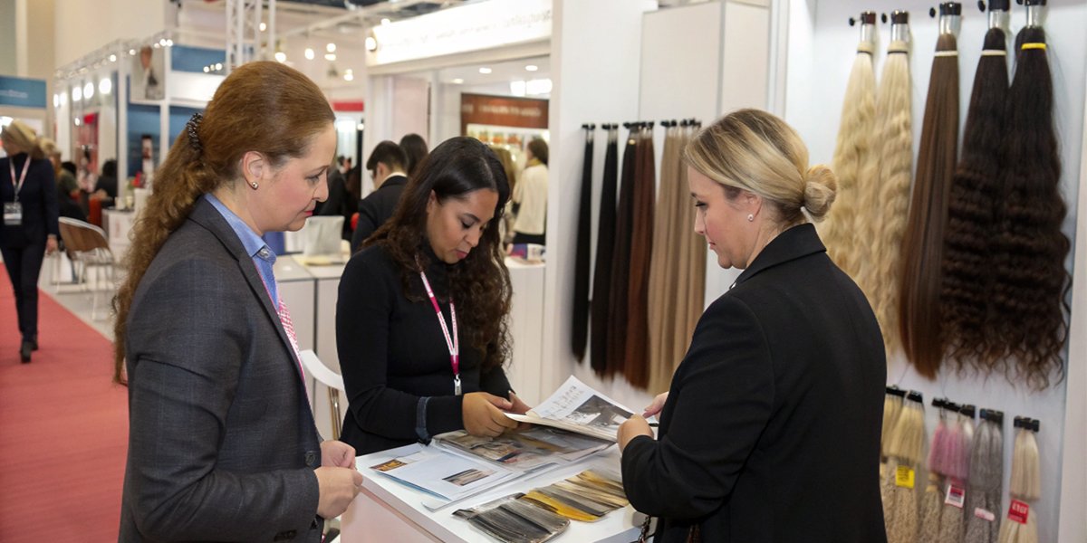 ![Business meeting scene at a hair industry trade show.]
