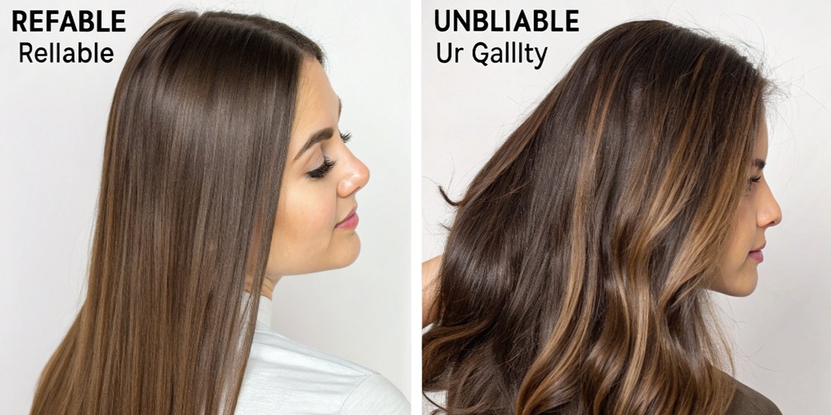 ![Split-screen comparison showing reliable vs unreliable hair extension quality - left side shows smooth, shiny, well-processed hair extensions, right side shows tangled, poor quality hair with inconsistent texture and color.]
