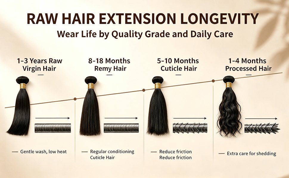 Hair Extension Lifespan by Material Grade raw hair extension longevity comparison chart