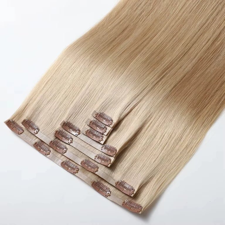 100% Remy Human Hair Extensions Double Drawn Invisible PU Clip-in Weft Extensions (Color #15)