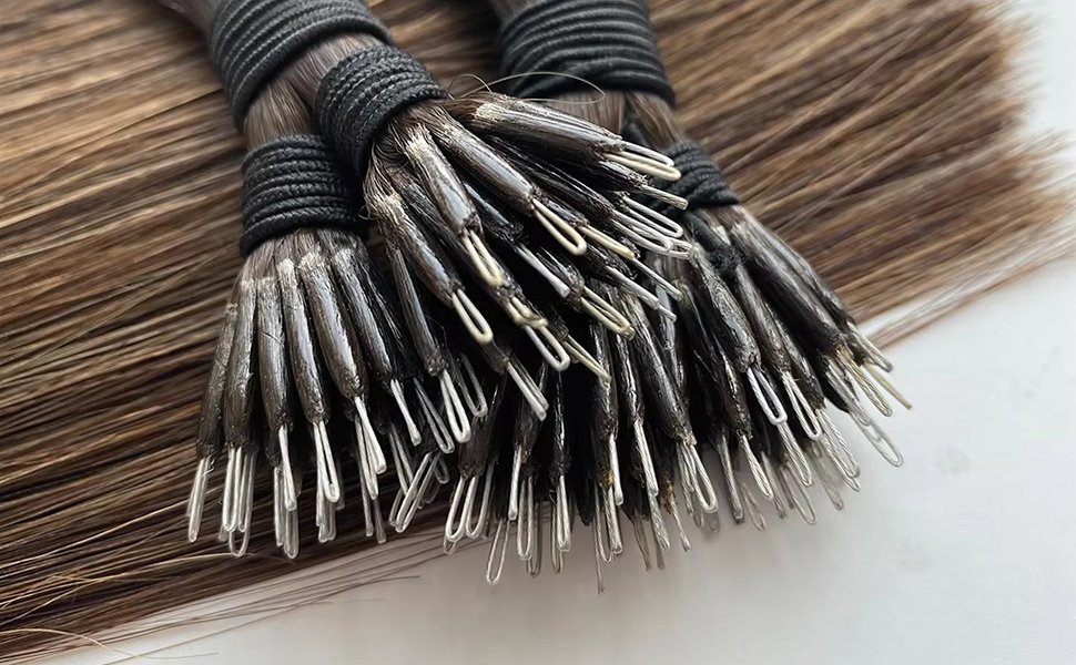 nano ring hair extensions close-up on fine natural hair