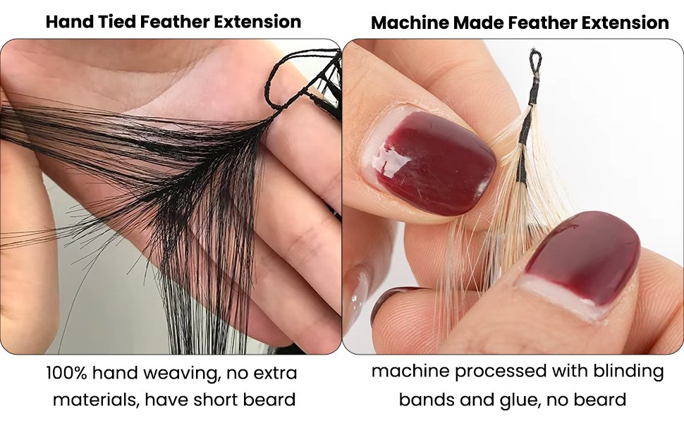 Hand Tied vs Machine Made Feather Hair Extensions hand tied vs machine made feather hair extensions comparison